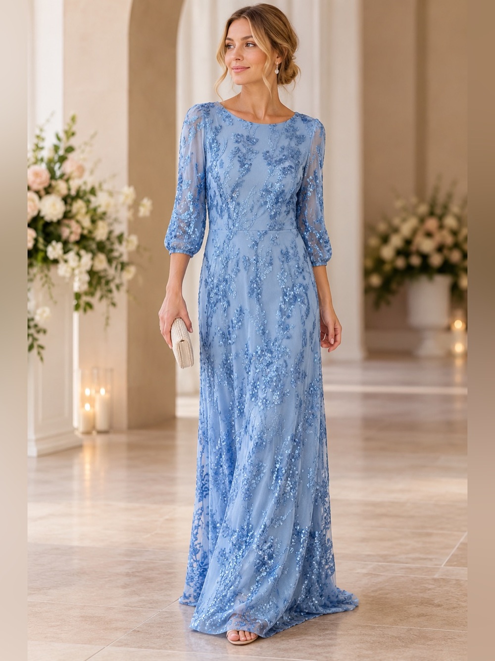Baltic Born Blue Sequin Embroidered Maxi Dress Gown Size L NWT